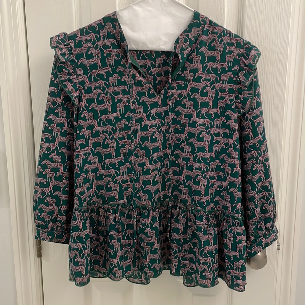 Joy Joy blouse, size S - cute patterned green with purple zebras, fun & diverse!